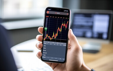 hand holding smart phone with stock market chart on screen, stock market concept