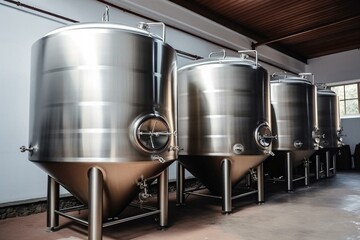 Tanks for beer fermentation and maturation in a brewery. Generative AI