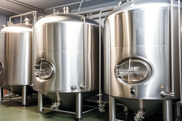 Tanks for beer fermentation and maturation in a brewery. Generative AI
