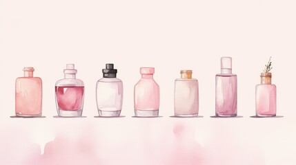 watercolor illustration on a pastel background with different cosmetic bottles. Cosmetic background - obrazy, fototapety, plakaty