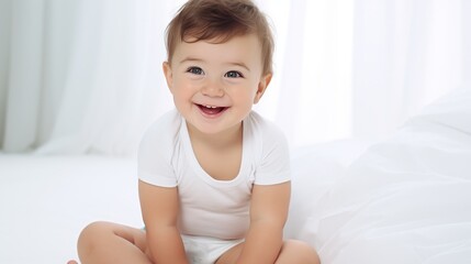 Fototapeta premium portrait of a small baby 1 year old in a diaper on a white studio background, copy space