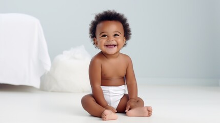 portrait of a small smiling dark-skinned baby 1 year old in a diaper on a white studio background, copy space