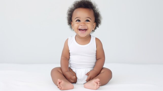 portrait of a small dark-skinned smiling baby 1 year old in a diaper on a white studio background, copy space