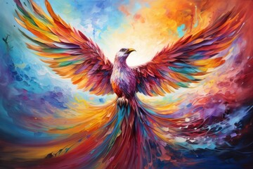 Obraz premium Vibrant rainbow phoenixes, soaring through the skies with radiant plumage - Generative AI