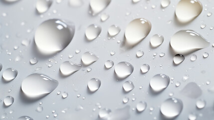 Closeup of water drops sliding on light wet surface. White background. Generative AI
