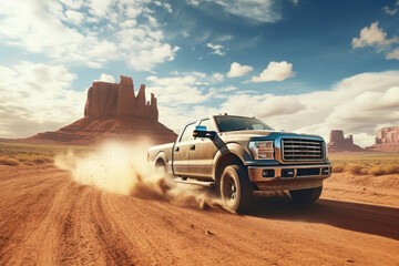 A pickup truck driving on dirt road with landscape of American’s Wild West with desert sandstones.