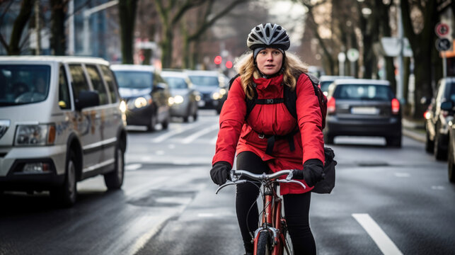 Cyclist woman in red jacket riding bicycle on a city street