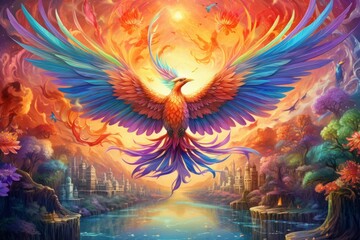Naklejka premium Vibrant rainbow phoenixes, soaring through the skies with radiant plumage - Generative AI