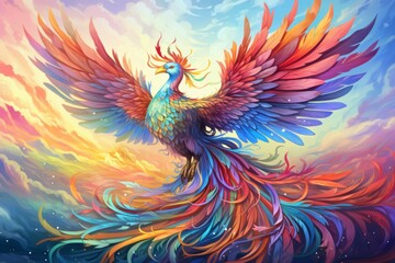 Fototapeta premium Vibrant rainbow phoenixes, soaring through the skies with radiant plumage - Generative AI