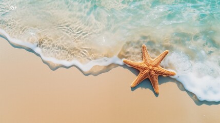 Fototapeta na wymiar Starfish on the sand beach in clear sea water, Summer background, Summer time, Copy space, Relaxing on the beach, generative ai
