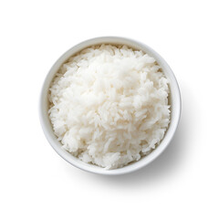 Bowl of cooked rice isolated on transparent background cutout, top view with PNG.