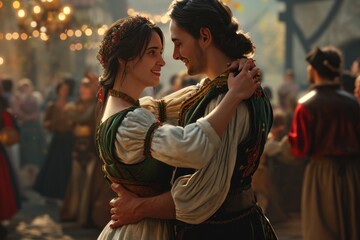 Fototapeta premium Lifestyle portrait of Medieval young couple showing love at sunrise in Prague city in Czech Republic in Europe.