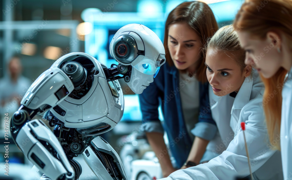 Poster group of people interacting with a humanoid robot, demonstrating ai-driven technology in a high-tech