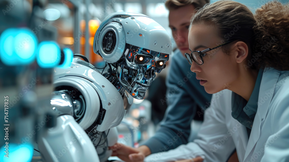 Poster group of people interacting with a humanoid robot, demonstrating ai-driven technology in a high-tech