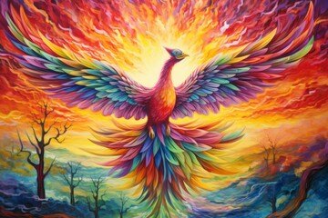 Obraz premium Vibrant rainbow phoenixes, soaring through the skies with radiant plumage - Generative AI