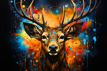 Abstract, multicolored neon portrait of a deer looking forward, in the style of pop art on a black background. - obrazy, fototapety, plakaty