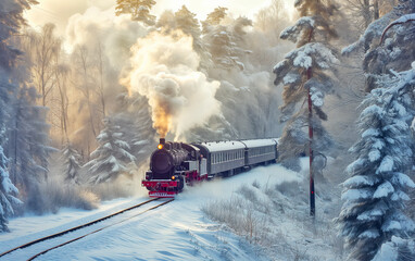 Vintage Steam Train Journey Through Snowy Forest