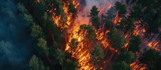 Fototapeta na wymiar Drone captures fire in pine forest from above.