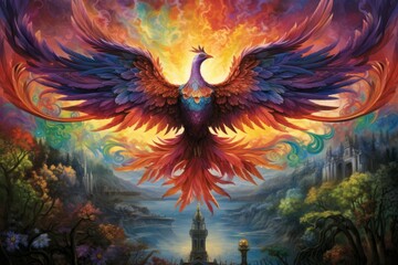 Obraz na płótnie Canvas Vibrant rainbow phoenixes, soaring through the skies with radiant plumage - Generative AI