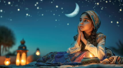 A girl in traditional attire during Ramadan sits amidst glowing lanterns. The starry sky and crescent moon add to the mystique and fantasy of the night