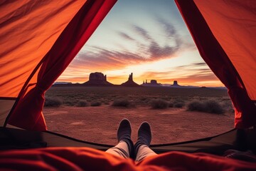 View from a tent sunrise of the landscape of American’s Wild West with desert sandstones. - obrazy, fototapety, plakaty