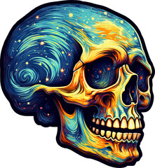 Skull floating in space in van gogh style sticker isolated on transparent background. PNG