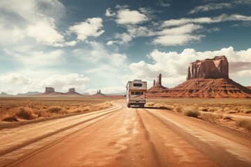 RV truck in rugged land with landscape of American&rsquo;s Wild West with desert sandstones.