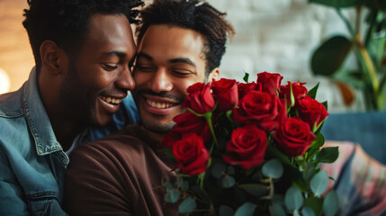Happy african american gay couple hugging with bouquet flowers. Engagement celebration. Pride concept. Generative AI.