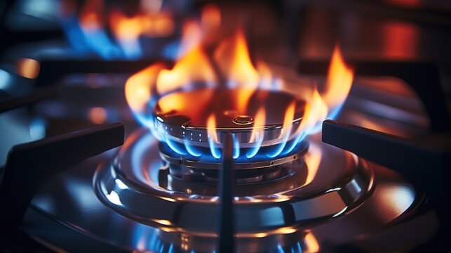 Close-up view of gas burner in kitchen.