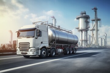 Oil tank truck driving on highway delivering oil with background of refinery factory.