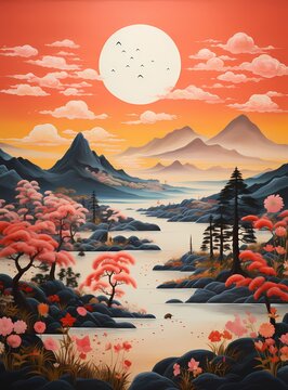 Japanese traditional watercolor painting style  mountain landscape at sunset time