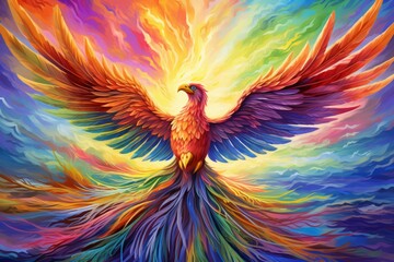 Obraz premium Vibrant rainbow phoenixes, soaring through the skies with radiant plumage - Generative AI