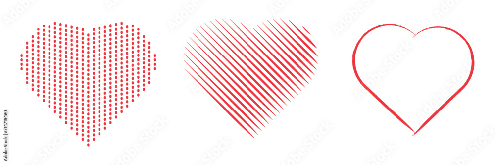 Poster red heart shape icons set . love symbol on transparent background. pattern and brush drawn shape vec