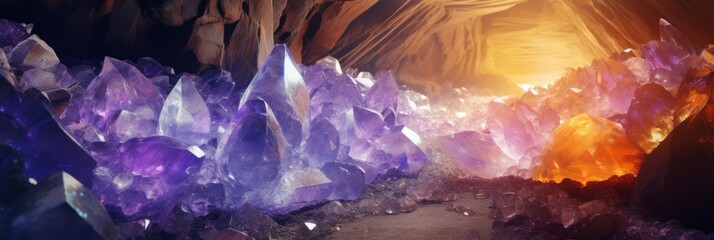Obraz premium Close-up view of beautiful colorful natural crystal stone in a cave.