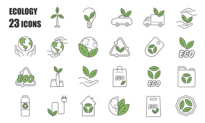 Set of Ecology Icons, Line, Organic, Collection, Elements, Isolated, Recycling, Energy, Eco, Bio, Natural, Green, Vector illustration 