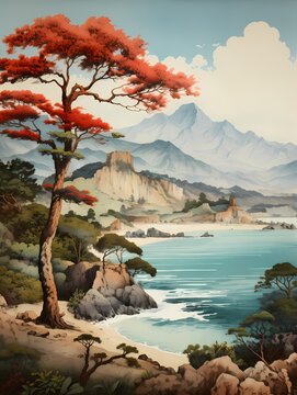 Japanese style landscape painting in traditional Japan do theme, bright tone color