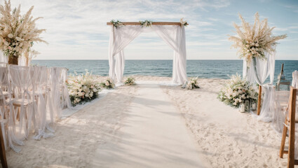 Wooden wedding arch on a white beach. generative AI