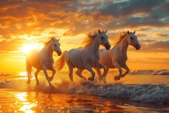 White horses galloping on the beach at sunset. Beautiful horses running on the beach at sunset