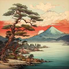 An artist is painting a beautiful landscape with a lake and distant mountains, Continuous Action Puzzle, Japanese Ukiyo-e