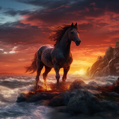 A horse is standing by the sea ai generative photo - obrazy, fototapety, plakaty