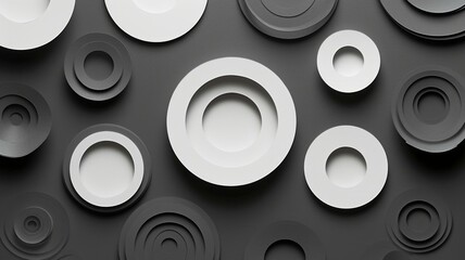 Circles background in paper cut style. White and black colors. Decorative geometric shapes backdrop