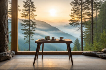 Mountainside table with forest views at sunrise and light mist - obrazy, fototapety, plakaty