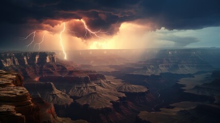 Bright lightning strike in Grand Canyon in a thunderstorm at night. - Powered by Adobe