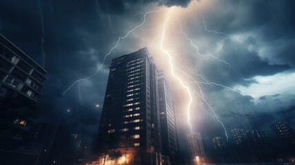 City building with bright lightning strike in a thunderstorm at night.