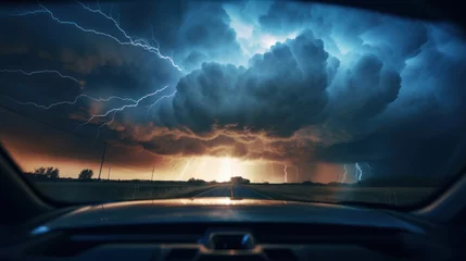 Fotobehang View from a car outside bright lightning strike in a thunderstorm at night. © Joyce