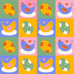Minimalistic geometric Easter pattern with eggs and chicks. Bright color modern design background. Vector illustration