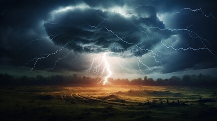 Farm land with bright lightning strike in a thunderstorm at night.