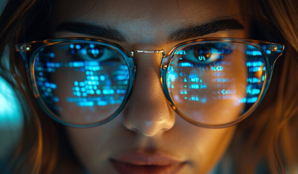 Close up image of computer programming code reflecting on developer woman's glasses. Generative AI