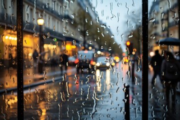 Busy city street view with heavy rain.