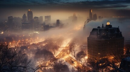High angle view of a large city at night with snow and fog in winter. - obrazy, fototapety, plakaty